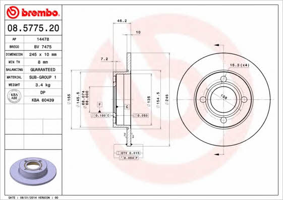 Тормозной диск задний невентилируемый Brembo 08.5775.20