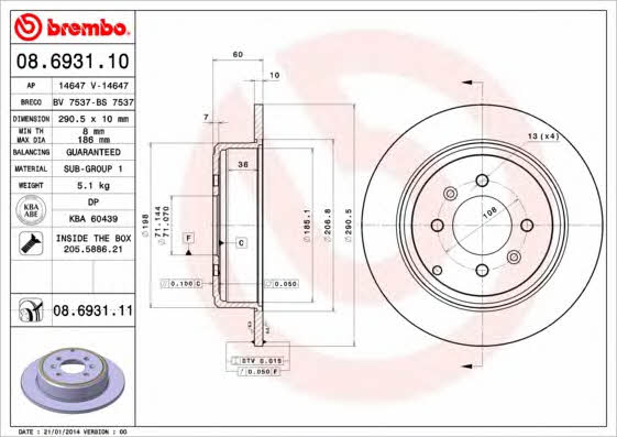Тормозной диск задний невентилируемый Brembo 08.6931.11