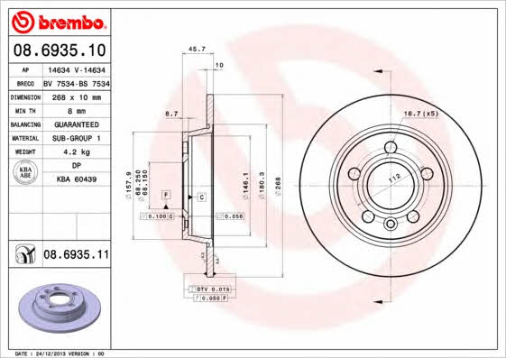 Тормозной диск задний невентилируемый Brembo 08.6935.11