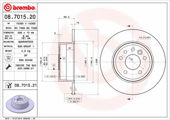 Тормозной диск задний невентилируемый Brembo 08.7015.21