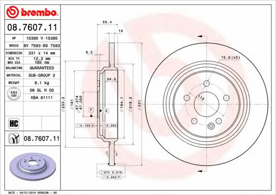 Тормозной диск задний невентилируемый Brembo 08.7607.11