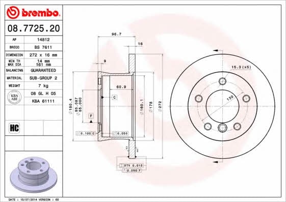 Тормозной диск задний невентилируемый Brembo 08.7725.20