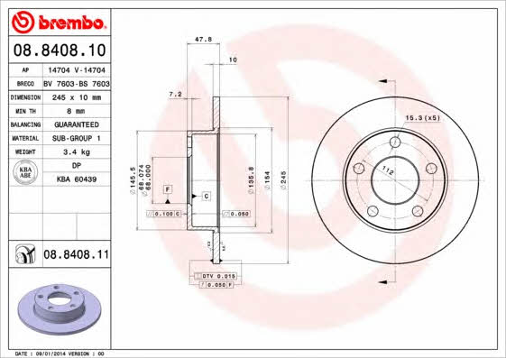 Тормозной диск задний невентилируемый Brembo 08.8408.11