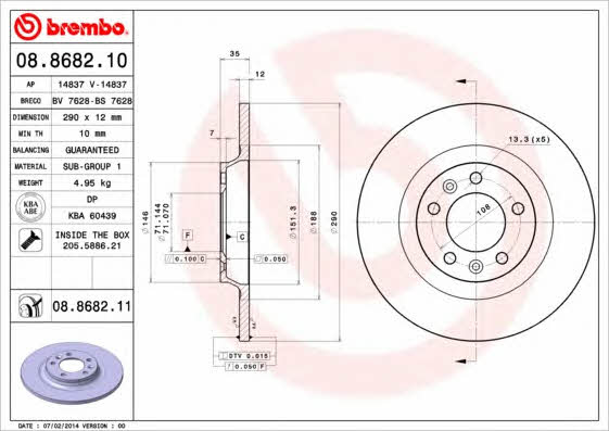 Тормозной диск задний невентилируемый Brembo 08.8682.11
