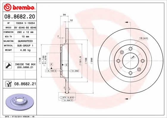 Тормозной диск задний невентилируемый Brembo 08.8682.21