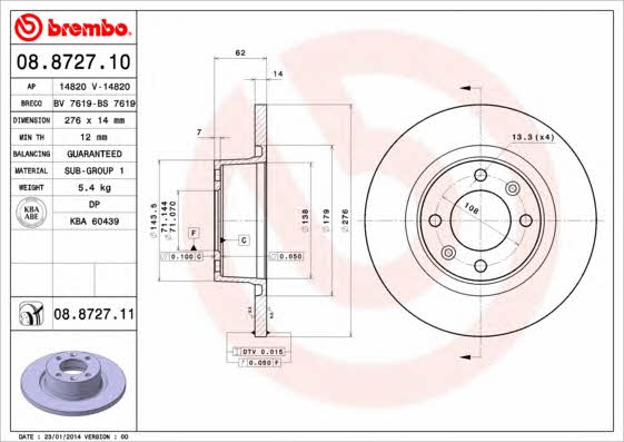 Тормозной диск задний невентилируемый Brembo 08.8727.11