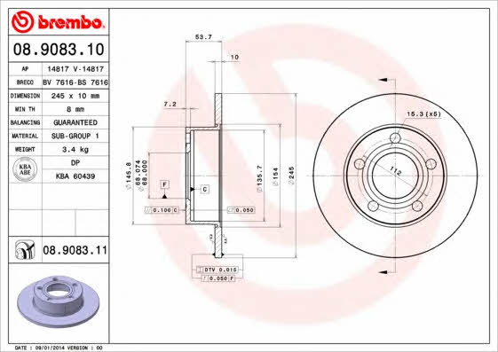 Тормозной диск задний невентилируемый Brembo 08.9083.11