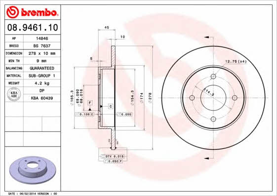 Тормозной диск задний невентилируемый Brembo 08.9461.10