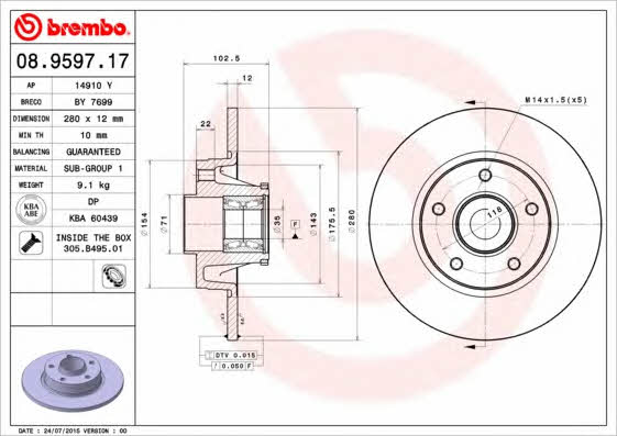 Тормозной диск задний невентилируемый Brembo 08.9597.17
