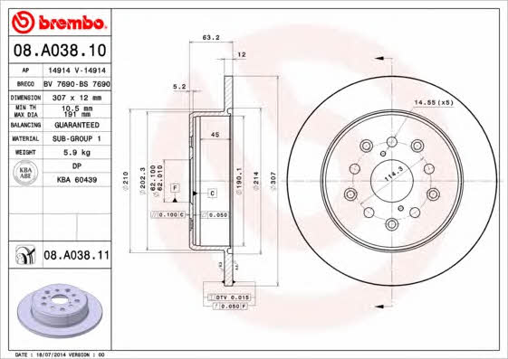 Тормозной диск задний невентилируемый Brembo 08.A038.11