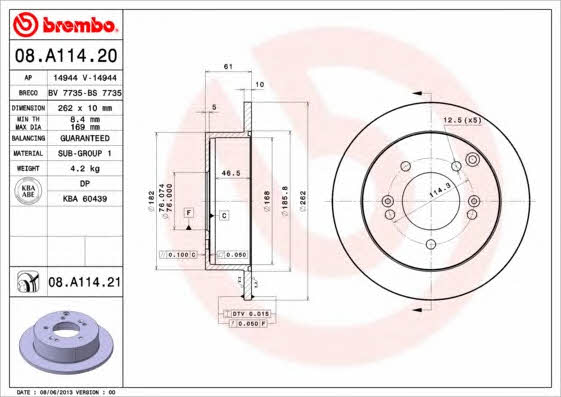 Тормозной диск задний невентилируемый Brembo 08.A114.21