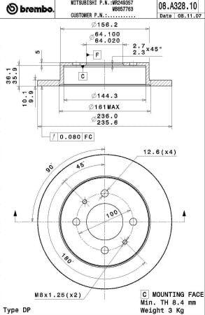 Тормозной диск задний невентилируемый Brembo 08.A328.10