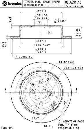 Тормозной диск задний невентилируемый Brembo 08.A331.10