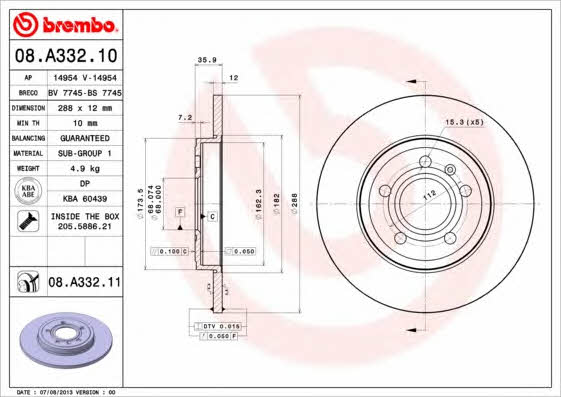 Тормозной диск задний невентилируемый Brembo 08.A332.11