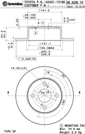 Тормозной диск задний невентилируемый Brembo 08.A356.10