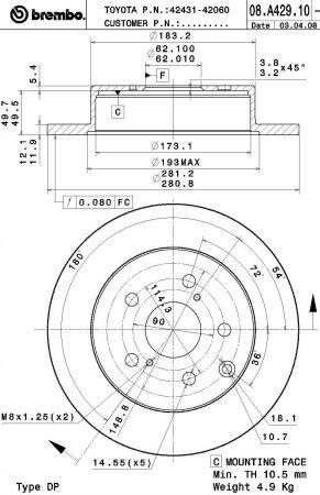 Тормозной диск задний невентилируемый Brembo 08.A429.10