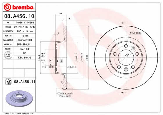 Тормозной диск задний невентилируемый Brembo 08.A456.10