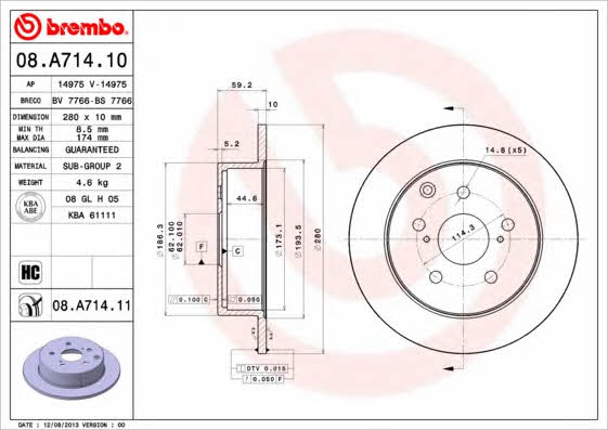 Тормозной диск задний невентилируемый Brembo 08.A714.11