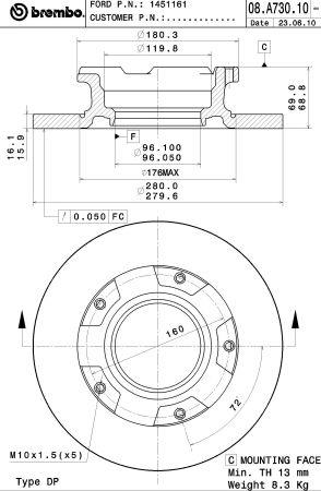 Тормозной диск задний невентилируемый Brembo 08.A730.10