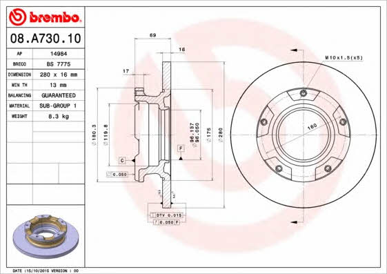 Купить Brembo 08A73010 – отличная цена на EXIST.UA!