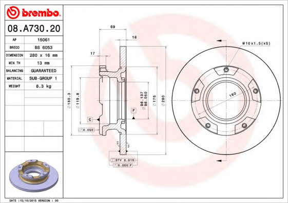 Тормозной диск задний невентилируемый Brembo 08.A730.20