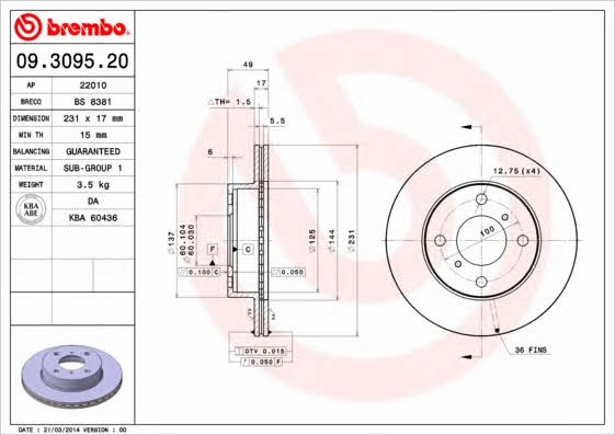Тормозной диск передний вентилируемый Brembo 09.3095.20