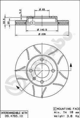 Тормозной диск вентилируемый, 1 шт. Brembo 09.4765.75
