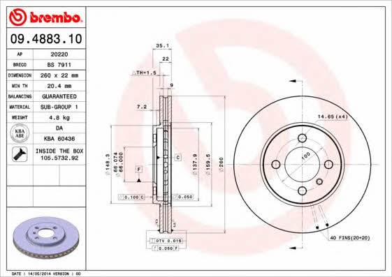 Тормозной диск передний вентилируемый Brembo 09.4883.10