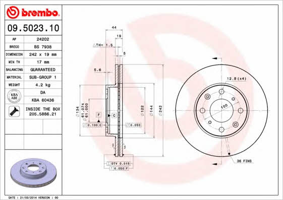 Тормозной диск передний вентилируемый Brembo 09.5023.10
