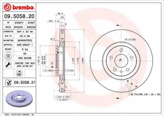 Тормозной диск передний вентилируемый Brembo 09.5058.21