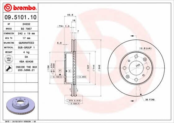 Тормозной диск вентилируемый, 1 шт. Brembo 09.5101.10