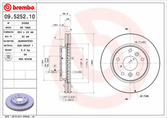 Тормозной диск вентилируемый, 1 шт. Brembo 09.5252.10