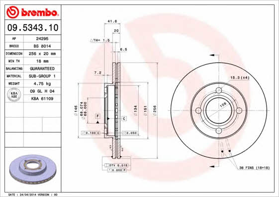 Тормозной диск вентилируемый, 1 шт. Brembo 09.5343.10