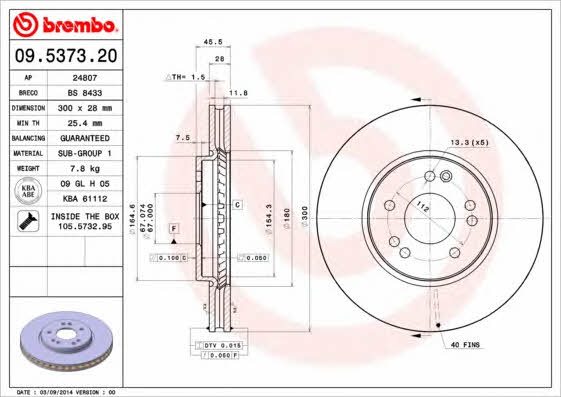 Тормозной диск вентилируемый, 1 шт. Brembo 09.5373.20