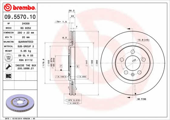 Тормозной диск вентилируемый, 1 шт. Brembo 09.5570.10