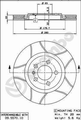 Тормозной диск вентилируемый, 1 шт. Brembo 09.5570.75