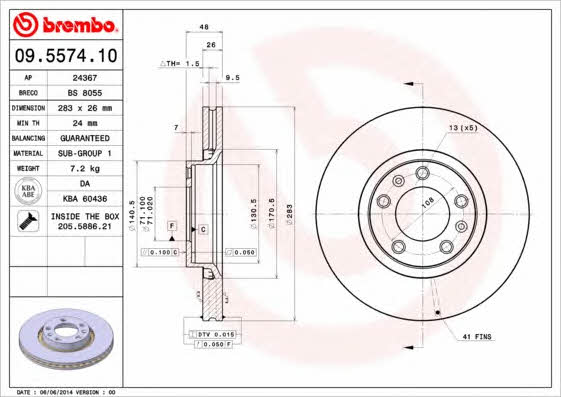 Тормозной диск вентилируемый, 1 шт. Brembo 09.5574.10