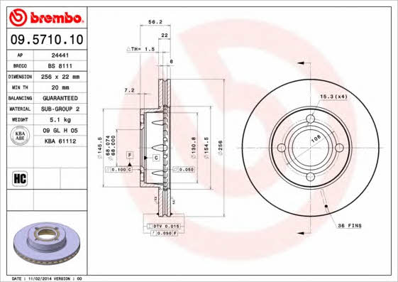 Тормозной диск вентилируемый, 1 шт. Brembo 09.5710.10