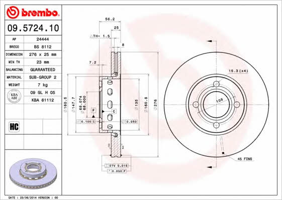 Тормозной диск вентилируемый, 1 шт. Brembo 09.5724.10