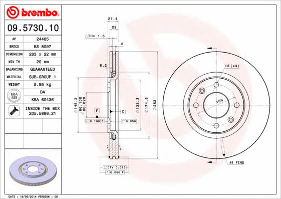 Тормозной диск вентилируемый, 1 шт. Brembo 09.5730.10