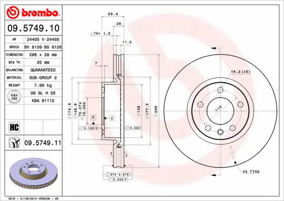 Тормозной диск передний вентилируемый Brembo 09.5749.11