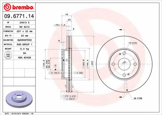 Тормозной диск вентилируемый, 1 шт. Brembo 09.6771.14