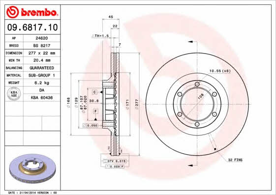 Тормозной диск вентилируемый, 1 шт. Brembo 09.6817.10