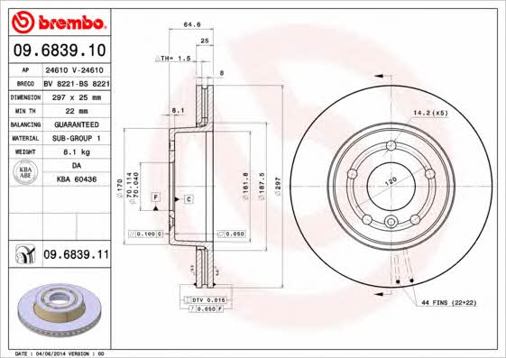Тормозной диск вентилируемый, 1 шт. Brembo 09.6839.11