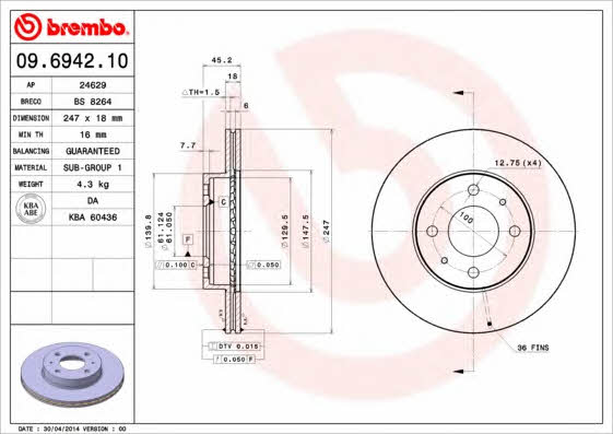 Тормозной диск вентилируемый, 1 шт. Brembo 09.6942.10