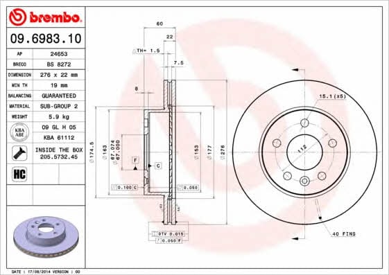 Тормозной диск передний вентилируемый Brembo 09.6983.10