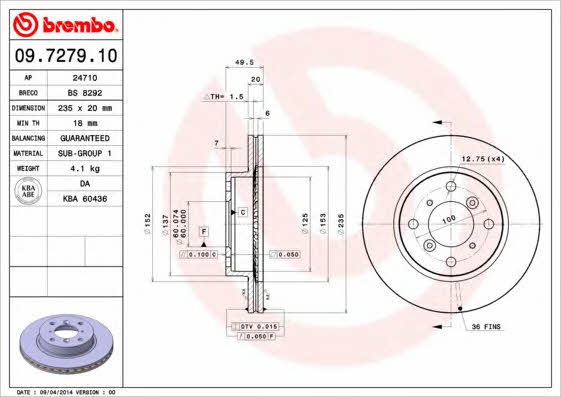 Тормозной диск передний вентилируемый Brembo 09.7279.10