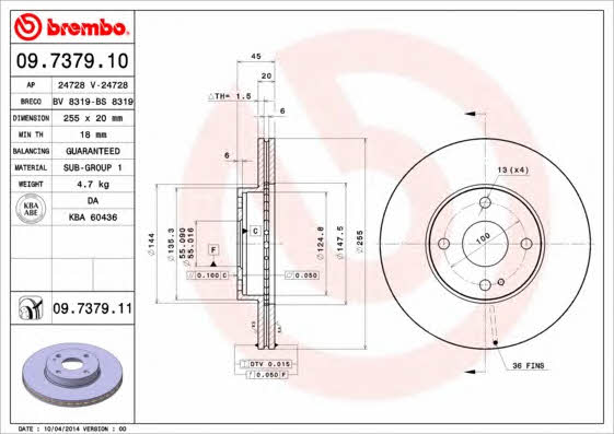 Тормозной диск вентилируемый, 1 шт. Brembo 09.7379.11