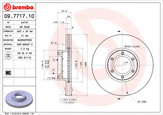 Тормозной диск вентилируемый, 1 шт. Brembo 09.7717.10