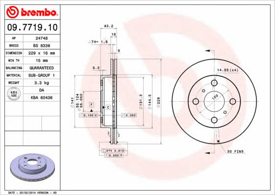 Тормозной диск вентилируемый, 1 шт. Brembo 09.7719.10